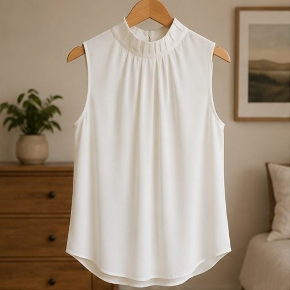 White Pleated High Neck Blouse